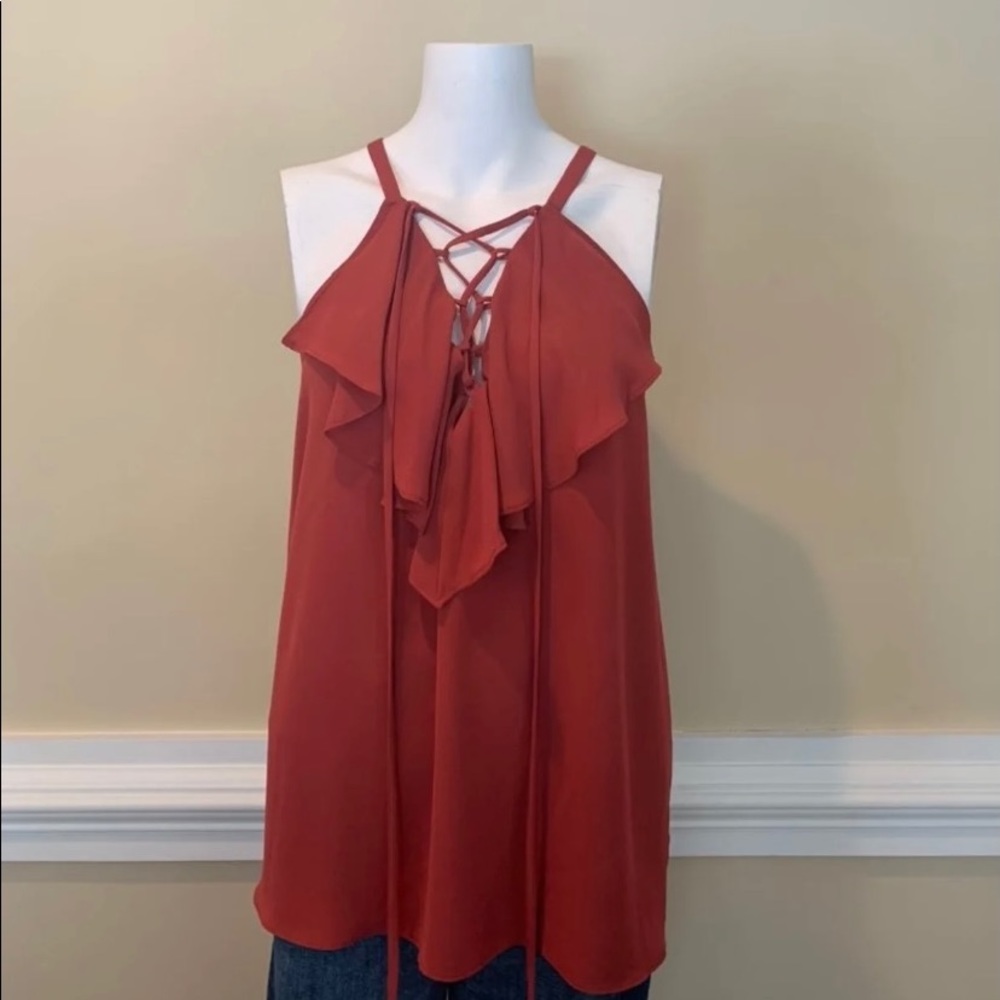 Bcbgmaxazria sleeveless rust tunic with ruffles